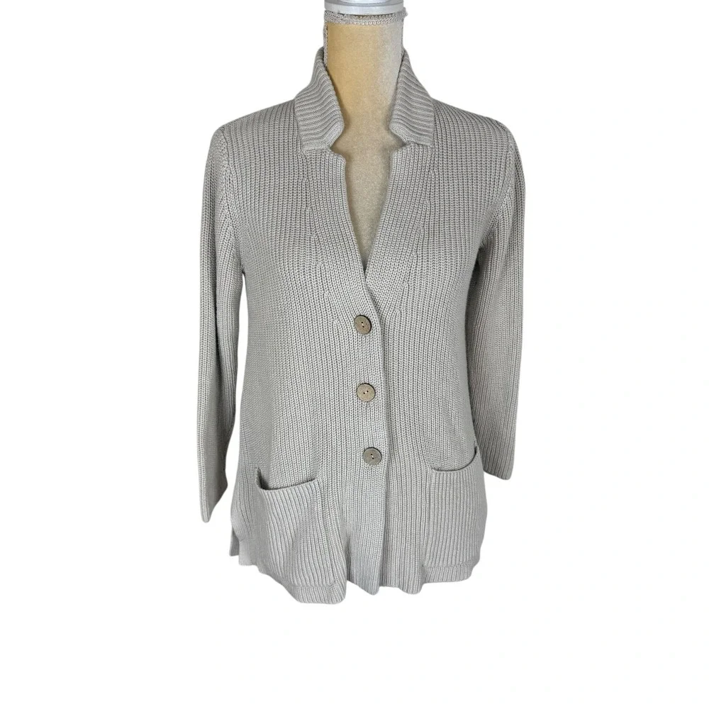 J.Jill Button‎ Front Knit Cardigan Sweater Pockets Collar Beige Cotton Blend S
